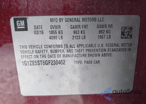 2016 Chevrolet Malibu 1Lt from USA, damaged, VIN 1G1ZE5ST6GF230462